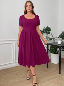 Ellevyn Plus Size Elegant Women Dress With Square Neckline And Shell Trim, Solid Color - Hot Pink - View 5