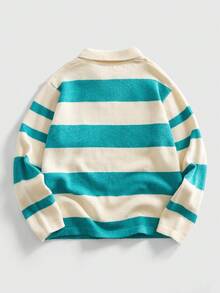 ROMWE MEN Prep 男士翻领学院风刺绣针织毛衣，时尚街头风，冬季款 - 綠色 - 查看 3