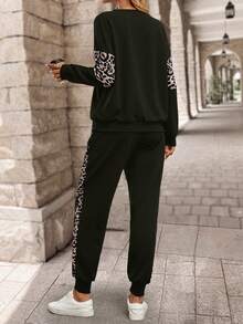 SHEIN LUNE 女式长袖豹纹拼布运动衫和长款运动裤冬季套装两件套女装 - 墨綠色 - 查看 2
