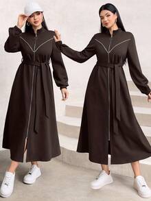 Graceveil Elegant Waist Cinched Long Sleeve Stand Collar Minimalist Design Slim Fit Casual Jacket, Autumn/Winter Dress With Zipper Open Abaya Modest Dress - Chocolate Brown - View 3