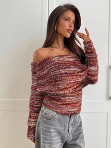 Aloruh 女式性感优雅露肩褶饰修身长袖针织T恤 - 酒紅色 - 查看 5