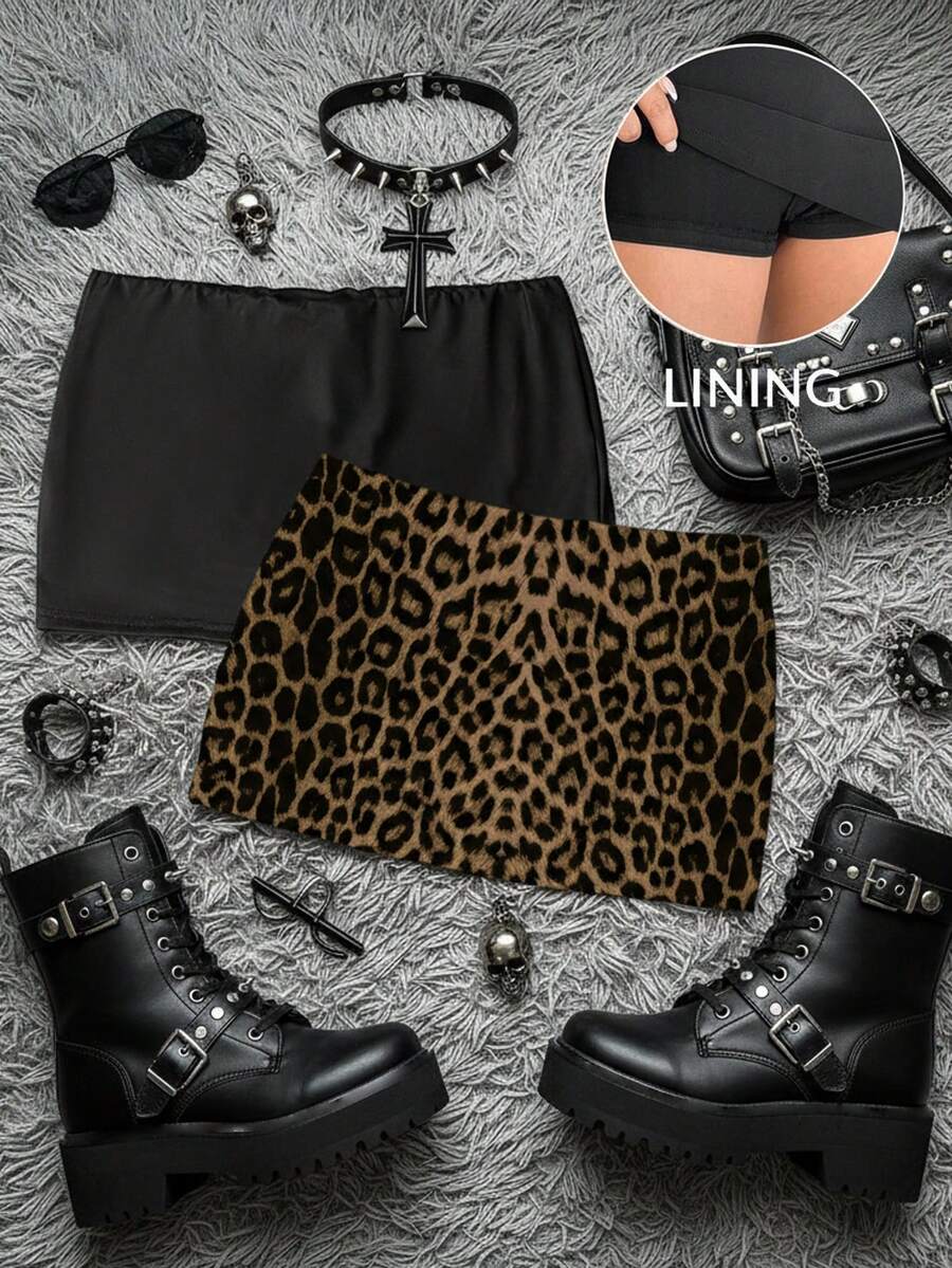 Attitoon 两件套休闲低腰修身迷你裙，适合Y2K风格，带衬里，豹纹印花和纯色款 - 彩色 - 查看 1