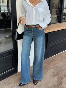 Siren Gaze 女士复古蓝色保暖内衬牛仔裤，低腰直筒裤型，精致提花牛仔面料，保暖内衬长裤，冬季款