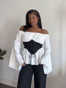 Tyla Gomez Hollow Out Flared Sleeve Contrast Tie Waist Vintage Blouse,Long Sleeve Tops - Black and White - View 1