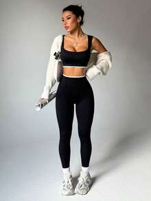 Dewbera 女士简约撞色装饰无钢圈运动文胸和紧身裤套装 - 黑色 - 查看 1