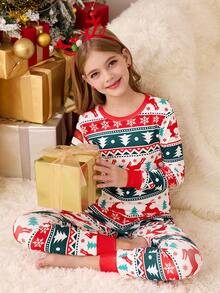 SHEIN 青少年女孩休闲时尚百搭针织圆领可爱卡通印花 T 恤和格子紧身裤睡衣套装，圣诞节搭配家庭家居服 - 彩色 - 查看 1