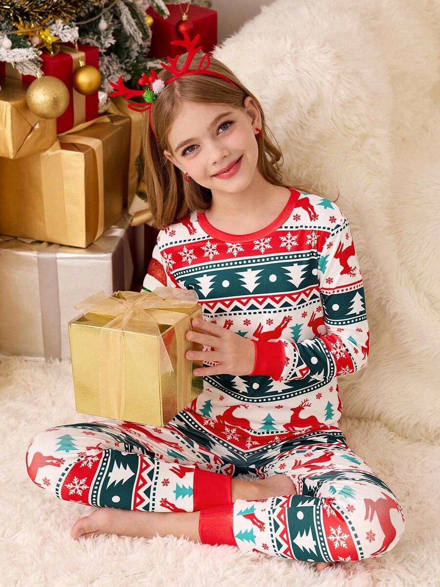 SHEIN 青少年女孩休闲时尚百搭针织圆领可爱卡通印花 T 恤和格子紧身裤睡衣套装，圣诞节搭配家庭家居服 - 彩色 - 查看 1