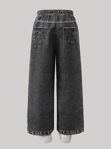 SHEIN ChillGRL 女童字母印花休闲直筒裤 - 黑色 - 查看 2