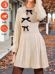 SHEIN Clasi Vestido corto de punto con cuello redondo elegante, lazo y manga larga, adecuado para uso diario y múltiples ocasiones, otoño - Albaricoque - Ver 4