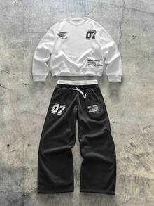 AXEPEAK 男士休闲标语印花套头衫和运动裤套装，秋冬 - 黑與白 - 查看 1