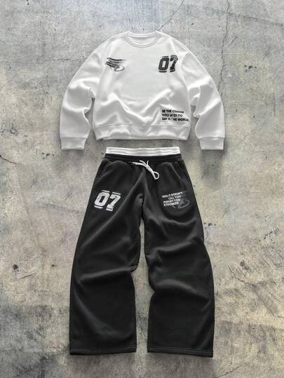 AXEPEAK 男士休闲标语印花套头衫和运动裤套装，秋冬