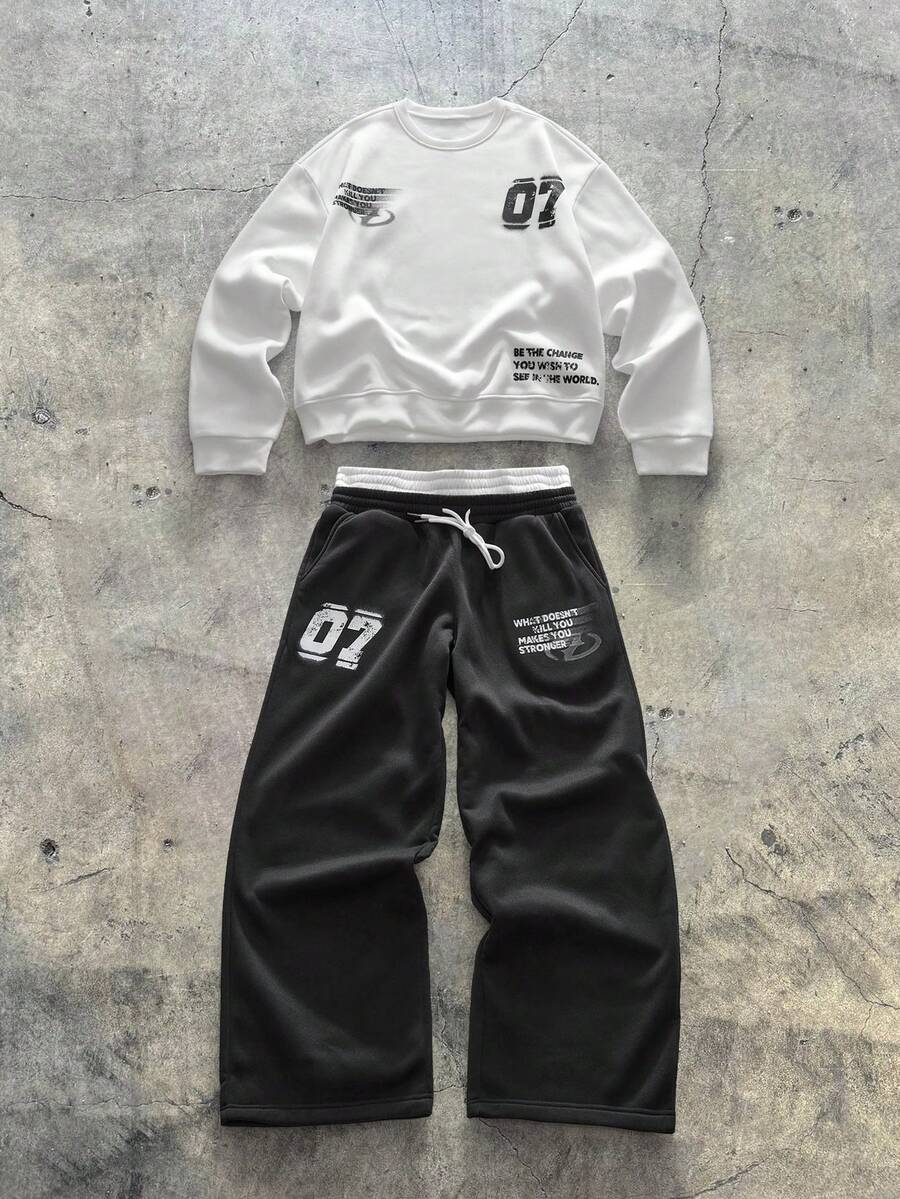 AXEPEAK 男士休闲标语印花套头衫和运动裤套装，秋冬 - 黑與白 - 查看 1