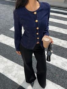 Siren Gaze Women's Casual Everyday Commute Simple Solid Color Single-Breasted Denim Jacket, Spring/Autumn Winter - Dark Wash - View 6