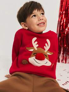 SHEIN 2件套男童休闲可爱卡通小鹿刺绣图案保暖内衬圆领卫衣和抽绳长裤针织套装，适合上学、花园、圣诞节、新年等各种场合，四季皆宜。 - 紅色 - 查看 2