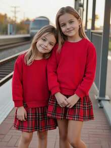 Emery Rose Kids 女童拼色长袖连衣裙，红色连衣裙，红色运动衫，圣诞连衣裙，适合日常、派对、学校穿着