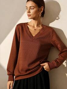 Lymera Women's Textured Floral Pattern V-Neck Casual Sweatshirt, Autumn/Winter - Brown - View 5