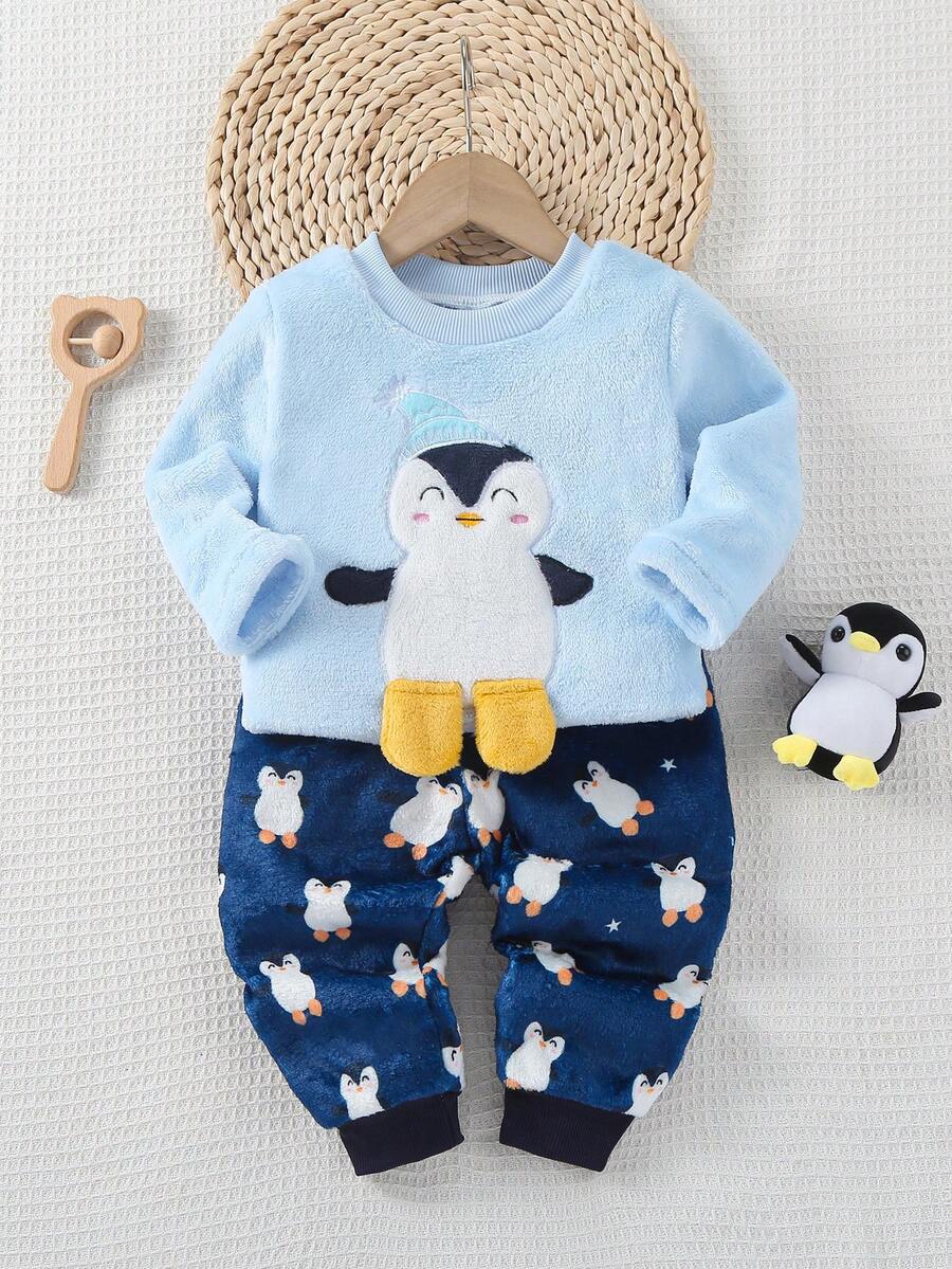 2pcs Baby/Toddler Boys' Cartoon Penguin Embroidered Flannel Crew Neck Long Sleeve Top And Pants Pajama Set - Blue - View 1