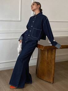 DAZY 女式休闲牛仔夹克（带领和口袋）和裤子套装，秋冬 - 藍色 - 查看 5