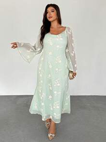 Firerie 加大码复古优雅花卉提花刺绣浪漫度假修身长裙，女式长袖圆领宽松海滩度假连衣裙 - 綠色 - 查看 3