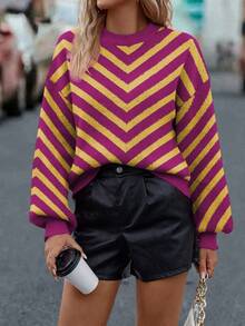 SHEIN LUNE Women's Crew Neck Striped Pattern Casual Long Sleeve Pullover Sweater, Autumn/Winter - Red Violet - View 4