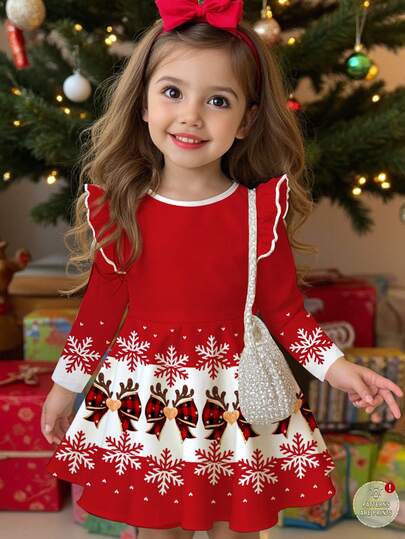 SHEIN Rochie de Crăciun pentru fetițe, drăguță, cu fundă în carouri, reni, model ombre de fulgi de zăpadă, rochie de Crăciun cu mânecă lungă, la modă, cu imprimeu dulce, potrivită pentru toamnă/iarnă