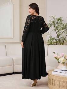 Modelyn Đầm midi tay phồng cổ chữ V màu trơn cỡ lớn, họa tiết lưới chắp vá eo - màu đen - Xem 2