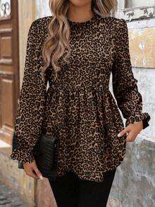 SHEIN LUNE Women's Casual Autumn/Winter Basic Loose Babydoll Long Sleeve Shirt, Leopard Print New Year Party - Multicolor - View 6