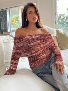 Aloruh 女式性感优雅露肩褶饰修身长袖针织T恤 - 酒紅色 - 查看 2