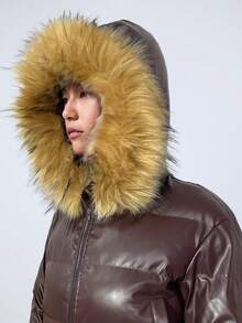 LYSMO Áo khoác ngắn có mũ trùm đầu, cổ lông phủ bóng, đệm lông cho mùa thu/đông - Cà phê nâu - Xem 6