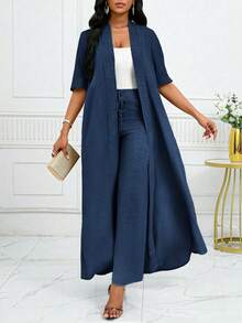 SHEIN Lady Women's Elegant, Casual, Commuting, Vacation, Simple, Solid Color Long Cardigan Jacket And Loose-Fitting Straight-Leg TrouTwo Piecespiece Set Four Seasons Modest Two Piece Set - Navy Blue - View 6