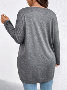 EMERY ROSE Plus Size Casual Solid Color Double Pocket T-Shirt, Versatile For Autumn - Dark Grey - View 2