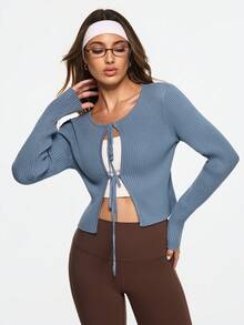 SHEIN Sports Women's Solid Color Crew Neck Long Sleeve Front Tie Knit Cardigan - Blue - View 3