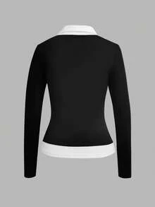 Glimmora Women's Contrast Color Shirt Collar Long Sleeve Casual 2 In 1 Top - Black - View 3