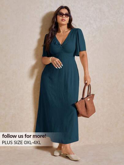 Elaquor Plus size Casual V-ringad A-line klänning med knipad midja, elegant för semestern