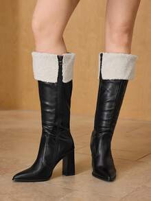 MOTF 高品质黑色筒高筒靴，尖头粗跟优雅女靴，时尚百搭新款，展现女性魅力与优雅气质。 - 黑色 - 查看 4