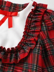 Tween Girl Red And White Plaid Dress,Cute Back-To-School Fashion For Autumn School,Red Ribbon Bow,White Lace Hem Princess Halloween Christmas Party - Multicolor - View 5