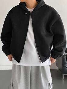 DAZY 男士厚款短款连帽卫衣，纽扣门襟设计，黑色，秋冬 - 黑色 - 查看 4