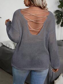 Calvaya Fashionable Minimalist Hollow Design Beaded Decor Pullover Sweater - Grey - View 2