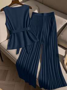 GlowEve CURVE 2件套大码女式无袖上衣和休闲宽松褶皱阔腿裤套装 - 藏蓝色 - 查看 2