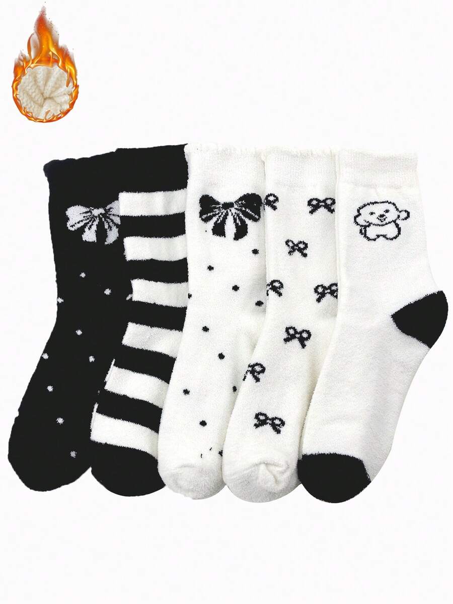 ROMWE Kawaii 5 paia di calzini, calzini a tubo di media lunghezza con fiocco e puntini piccoli per ragazze, calzini spessi per l'autunno e l'inverno, calzini morbidi e amichevoli per la pelle da donna a righe e a pois bianchi e neri - Multicolore - Visualizzare 1