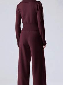 LYSMO Women's Burgundy Zip-Up Cardigan And Knit Pants Casual Sweater 2 Pieces Set, Sweater Set, Autumn/Winter, Winter,Fall,Fall Clothes For Women - Burgundy - View 7