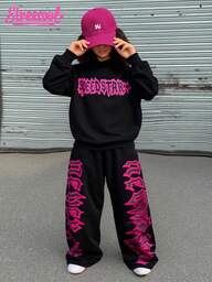 SHEIN Streecool Kids 2pcs/Set Tween Girls ME Loose Design Graphic Print Hoodie Sweatshirt & Wide Leg Printed Pants Set, Casual Outfit For Daily, Commute, Leisure, Vacation, Sisterly Street Style, Autumn/Winter Fall