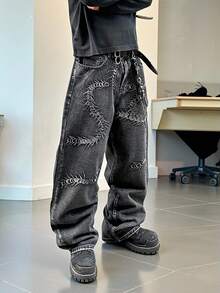 STEELVANCE Quần jeans ống đứng rộng rãi, giặt cũ, thêu côn trùng thời trang đường phố dành cho nam - màu đen - Xem 4