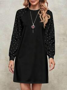 EMERY ROSE Vestido corto de mujer de estilo minimalista casual con estampado asimétrico de lunares y contraste de color en las mangas raglán - Multicolor - Ver 6