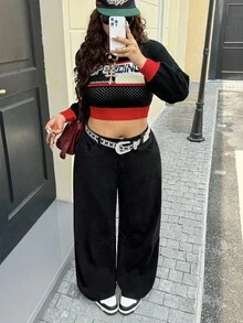 SHEIN ICON Quần jeans ống rộng dáng rộng đơn giản, màu trơn, lót nhiệt, mặc thường ngày, đi làm, cỡ lớn, không kèm thắt lưng - màu đen - Xem 5