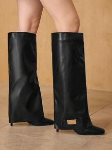 MOTF 漆皮及膝马靴，细高跟女靴 - 黑色 - 查看 1