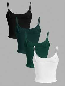 SHEIN EZwear 4 件套女式黑色、白色、绿色短款休闲吊带背心 - 彩色 - 查看 2