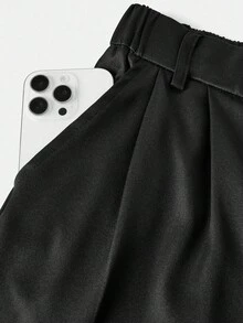 Girlism 少女黑色纯色斜纹斜口袋休闲纯色前开阔腿裤，适合春季、夏季、秋季、返校季、干净女孩、休闲通勤，适合各种场合