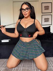 Fantasy Costume Fantasy Costume Plus Size Cute Cosplay Bra Set + Plaid Mini Skirt - Multicolor - View 6