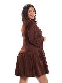 Solavibe Plus Size Solid Color Pleated Dress, Fashionable For Commuting, Autumn Brown - Brown - View 5